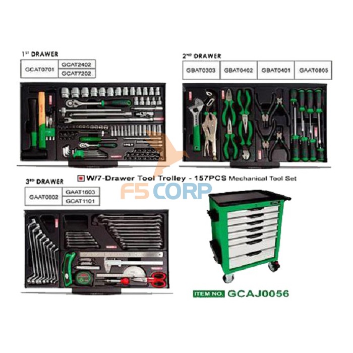 Tủ chuyên dùng thế hệ mới 7 ngăn với 3 ngăn có đồ nghề 157 chi tiết Toptul GCAJ0056
