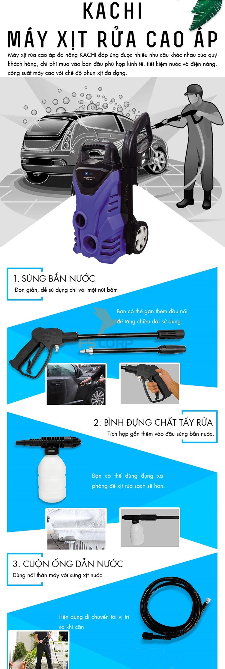 Máy xịt rửa cao áp có hút nước Kachi MK72