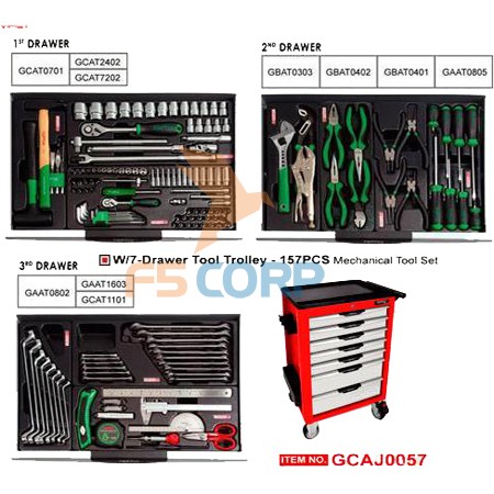 Tủ chuyên dùng thế hệ mới 7 ngăn với 3 ngăn có đồ nghề 157 chi tiết Toptul GCAJ0057