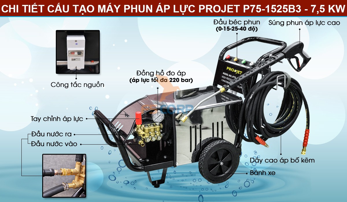 Máy phun xịt rửa xe áp lực cao Projet P75-1525B3 - 7.5kw