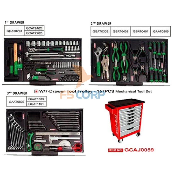 Tủ chuyên dùng 7 ngăn với 3 ngăn có đồ nghề157 chi tiết Toptul GCAJ0059