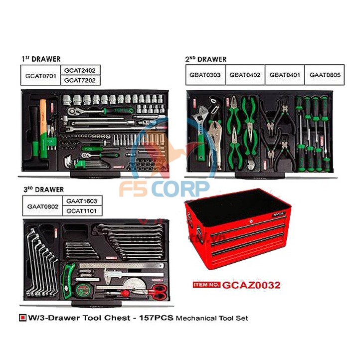 Hộp 3 ngăn có đồ nghề 157 chi tiết Toptul GCAZ0032