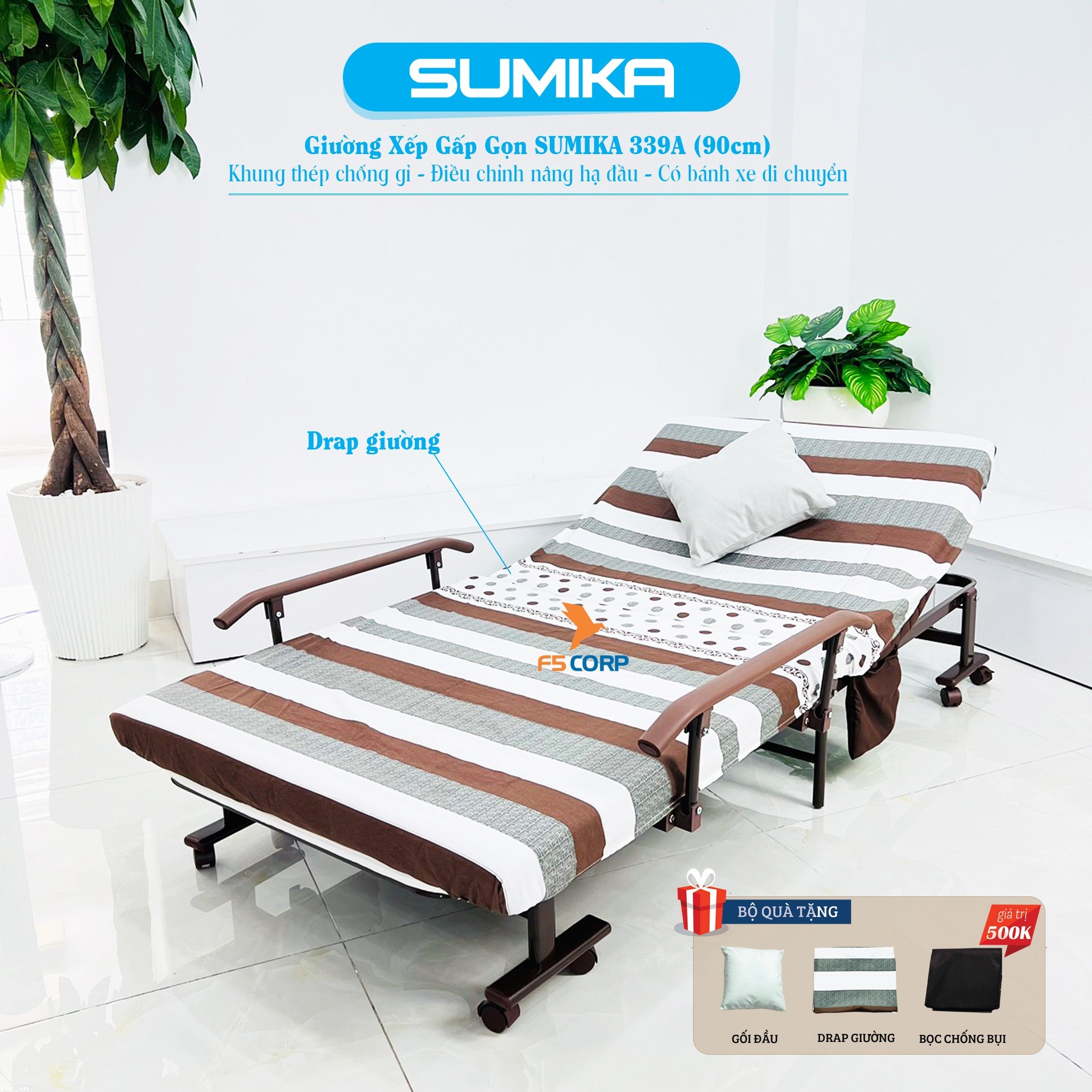 Giường nệm xếp gọn đa năng kiểu dáng Hàn Quốc SUMIKA 339A, rộng 90cm