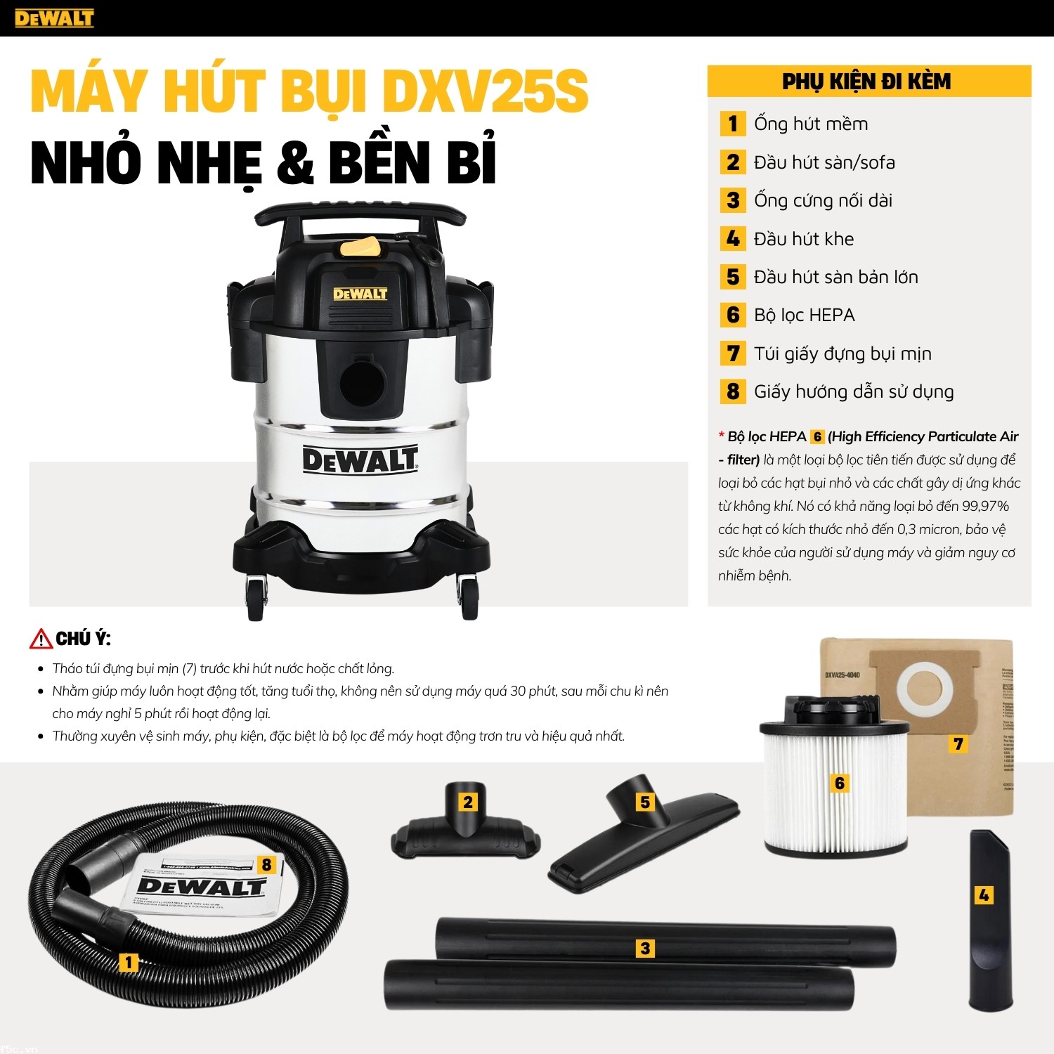 Máy hút bụi công nghiệp 3 chức năng 25L Dewalt DXV25S  - Ướt/Khô/Thổi 