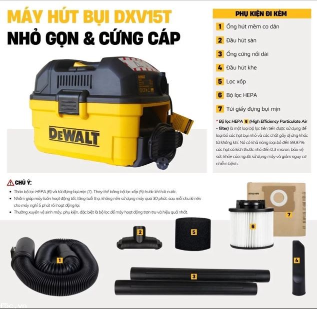 Máy hút bụi công nghiệp 3 chức năng 15L Dewalt DXV15T - Ướt/Khô/Thổi 