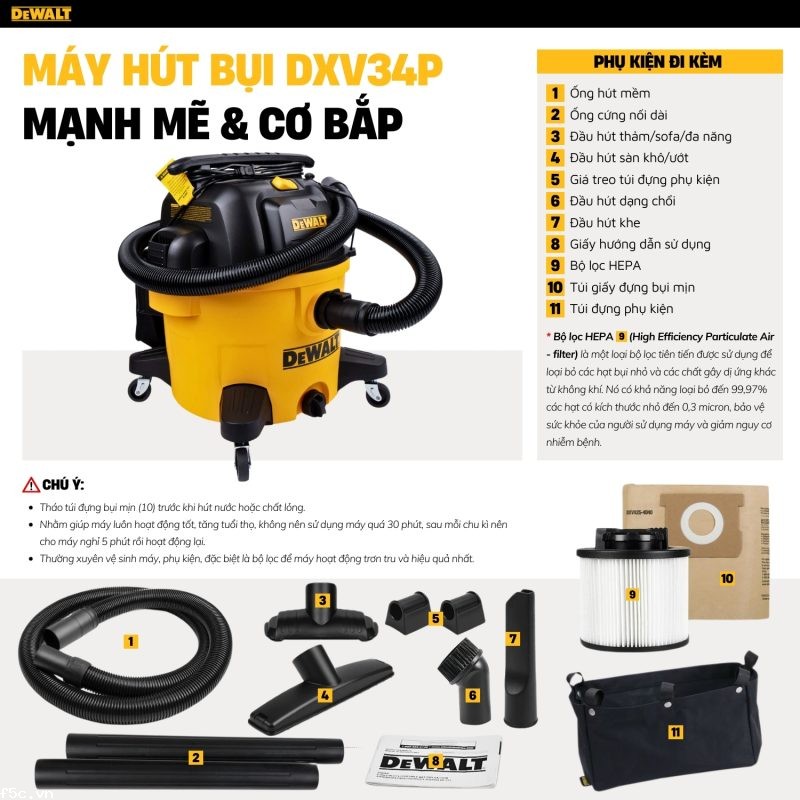 Máy hút bụi công nghiệp 3 chức năng 34L Dewalt DXV34P  - Ướt/Khô/Thổi 