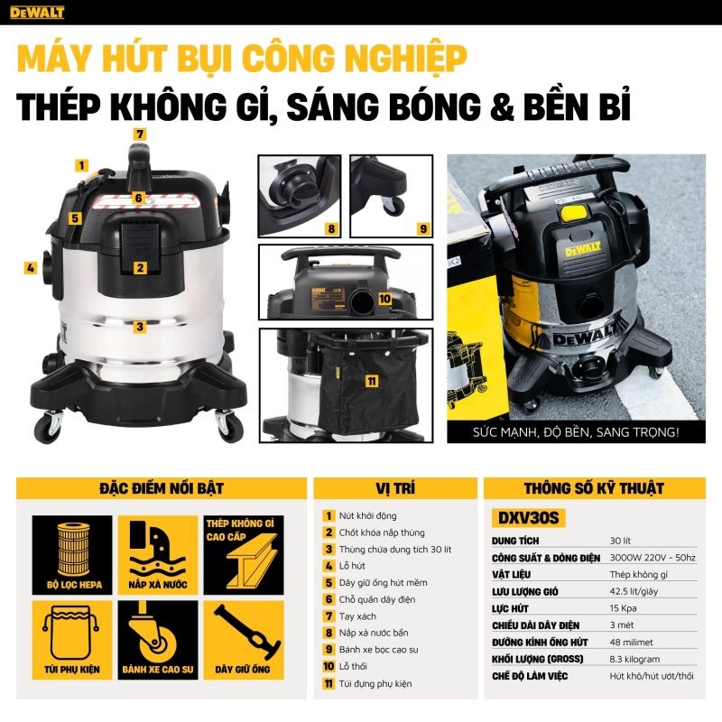 Máy hút bụi công nghiệp 3 chức năng 30L Dewalt DXV30S  - Ướt/Khô/Thổi 