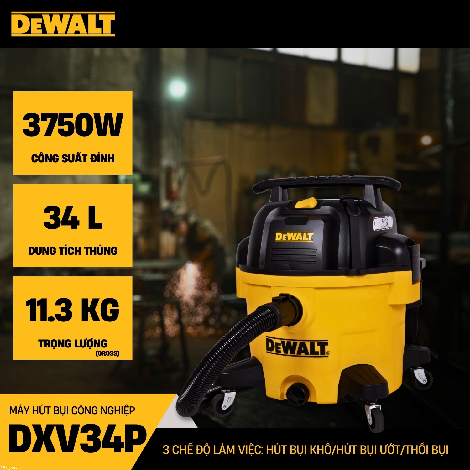 Máy hút bụi công nghiệp 3 chức năng 34L Dewalt DXV34P  - Ướt/Khô/Thổi 