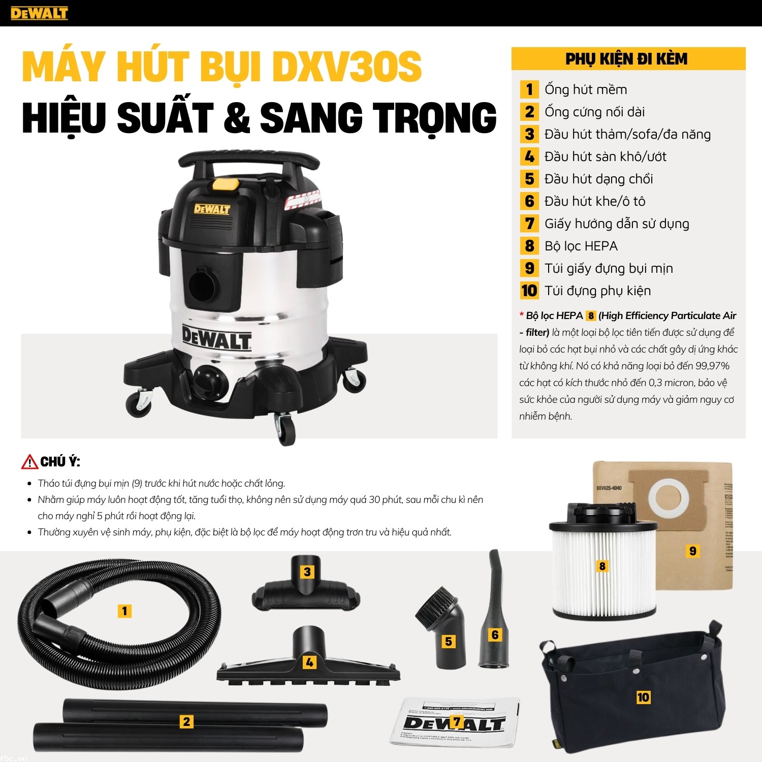 Máy hút bụi công nghiệp 3 chức năng 30L Dewalt DXV30S  - Ướt/Khô/Thổi 