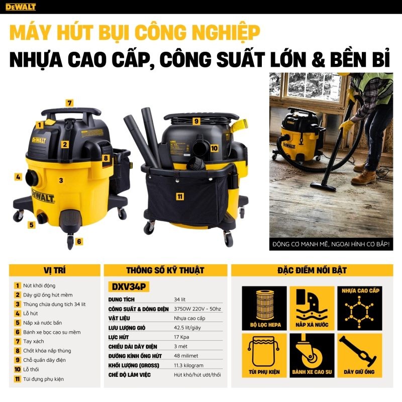 Máy hút bụi công nghiệp 3 chức năng 34L Dewalt DXV34P  - Ướt/Khô/Thổi 