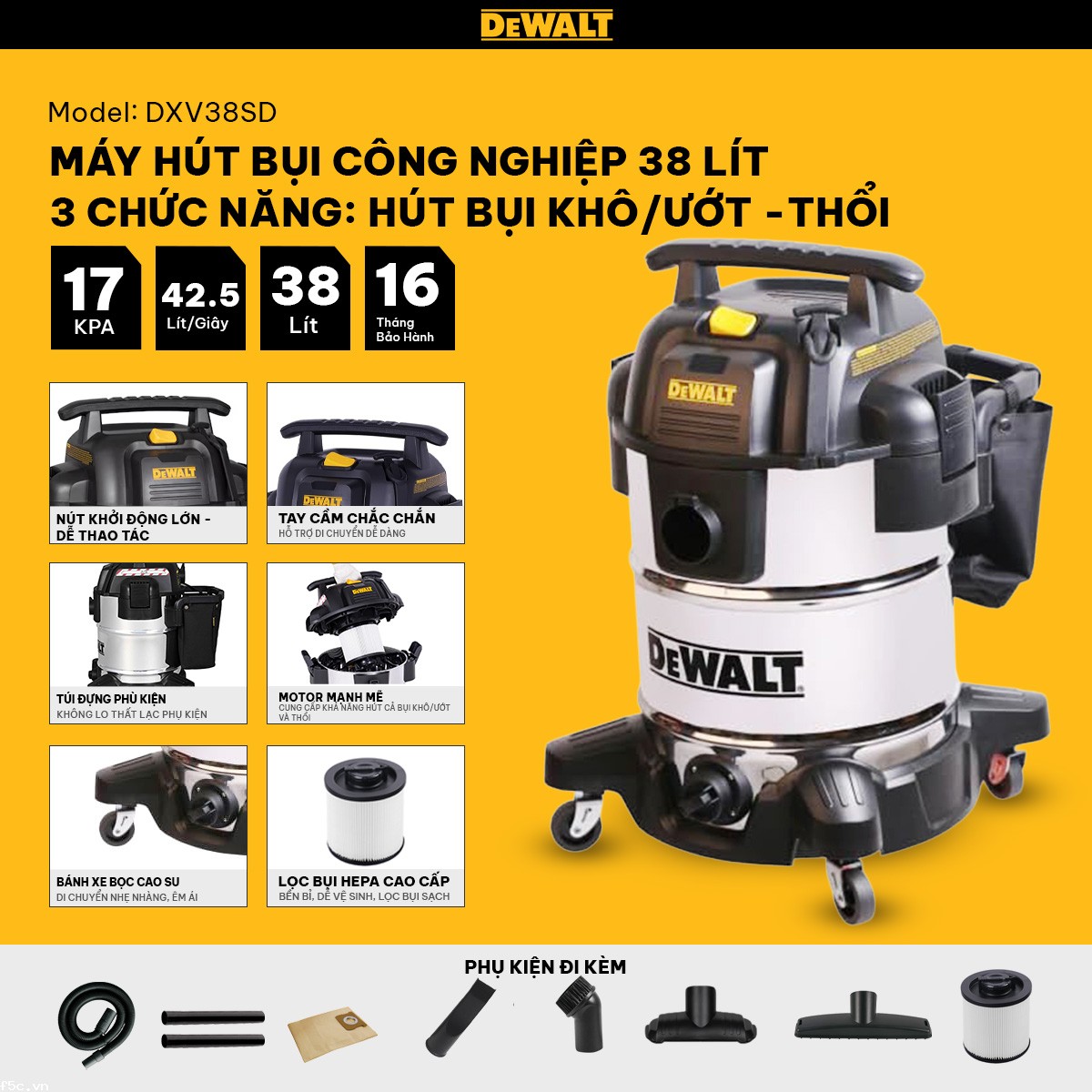 Máy hút bụi công nghiệp 3 chức năng - Dewwalt DXV38SD 38 Lít- Khô/Ướt/Thổi 